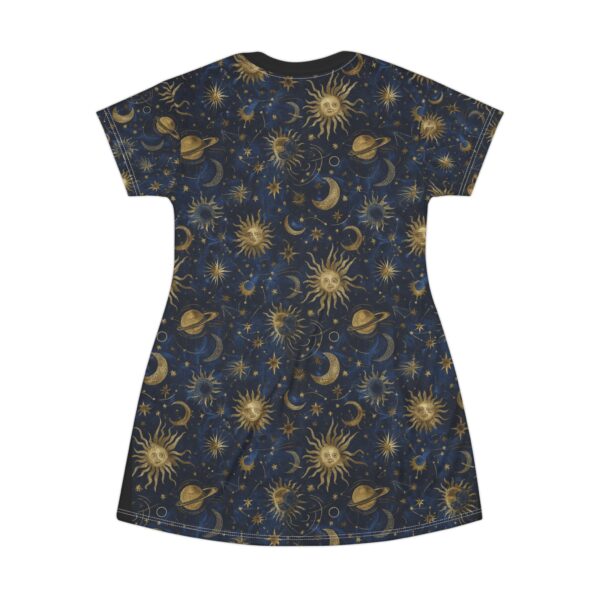 celestial print t shirt dress, bohemian style dress, starry night dress, astrology fashion, perfect for summer outfits