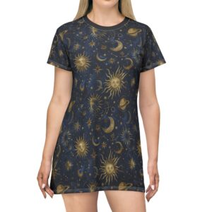 celestial print t shirt dress, bohemian style dress, starry night dress, astrology fashion, perfect for summer outfits