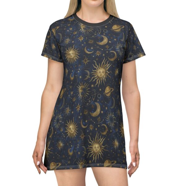 celestial print t shirt dress, bohemian style dress, starry night dress, astrology fashion, perfect for summer outfits