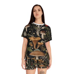 whimsical mushroom print women's pajama set, cozy sleepwear, nature inspired loungewear, perfect for sleepovers, holiday gift