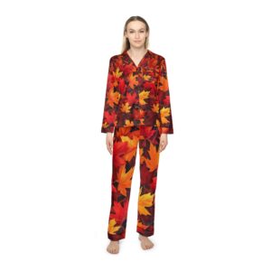 fall leaves women's satin pajamas | cozy sleepwear, autumn style, gift for her, loungewear, indoor comfort
