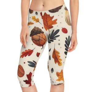 autumn leaf design capri leggings, fall fashion, women’s activewear, cozy yoga pants, nature inspired leggings, gift for her